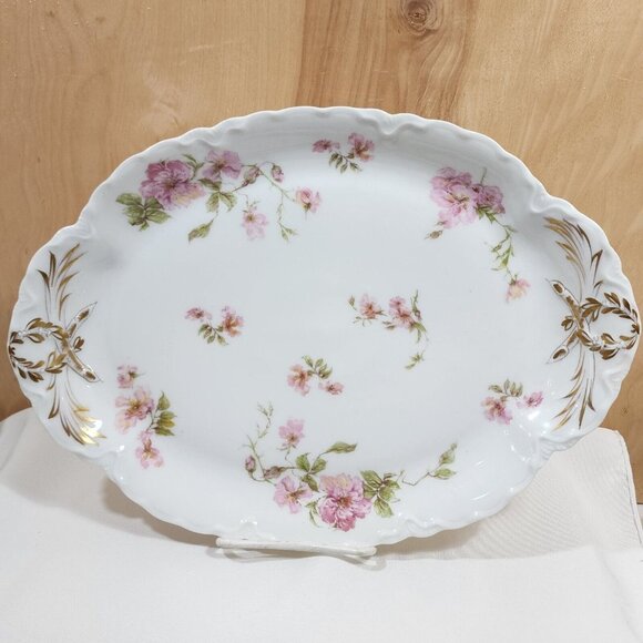 Theodore Haviland Limoges Platter 14x10" Schleiger 144 Green Scrolls Pink Rose - Picture 10 of 10
